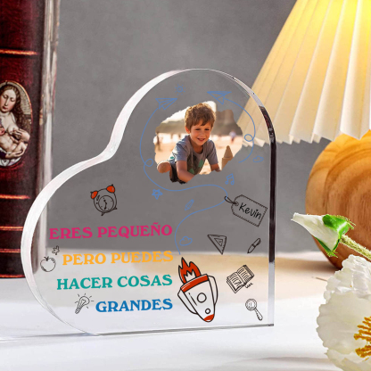 Vuelta al cole-Placa de acrílico en forma de corazón con nombre y foto personalizados