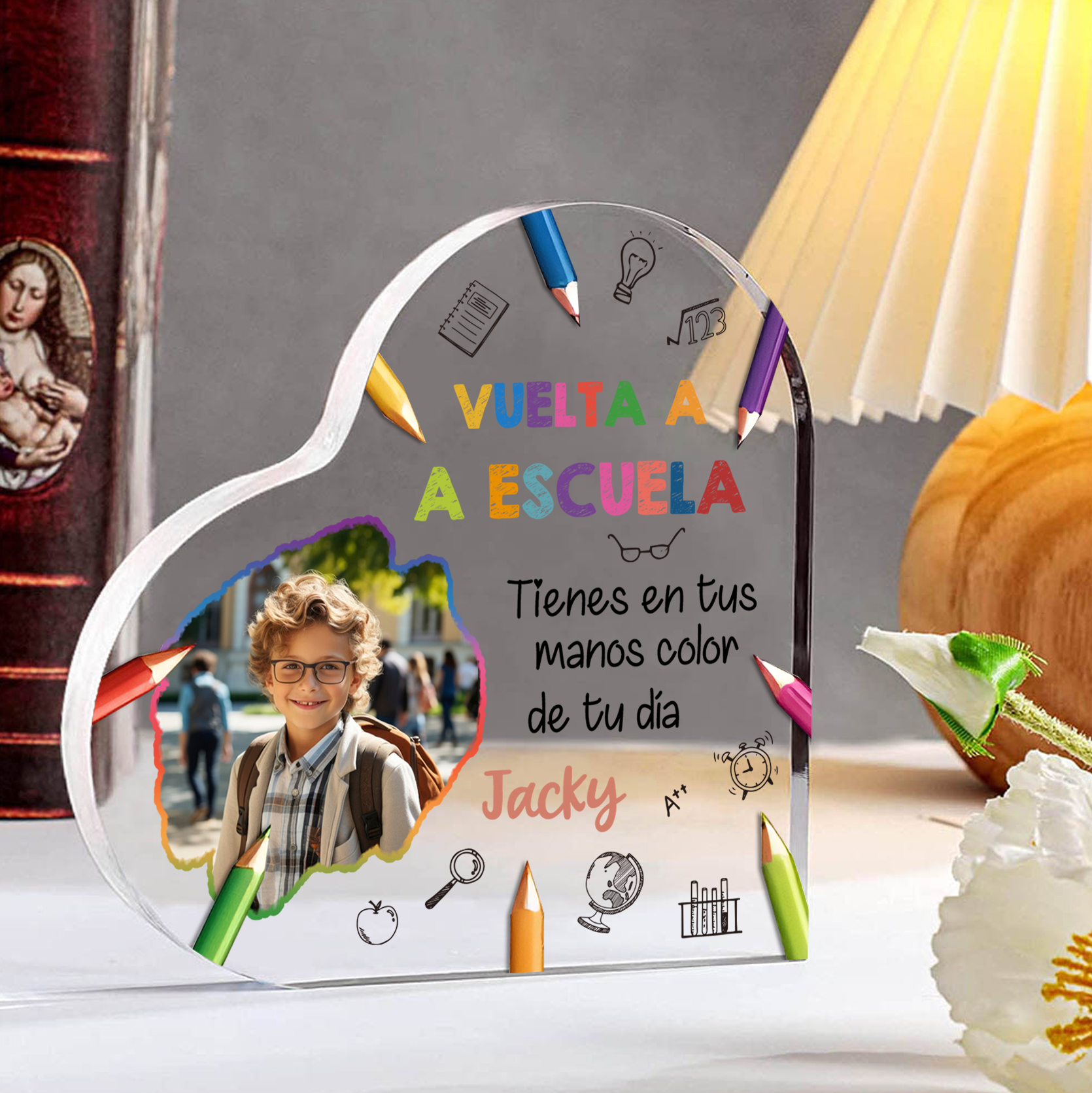 Vuelta al cole-Placa de acrílico en forma de corazón con nombre y foto personalizados