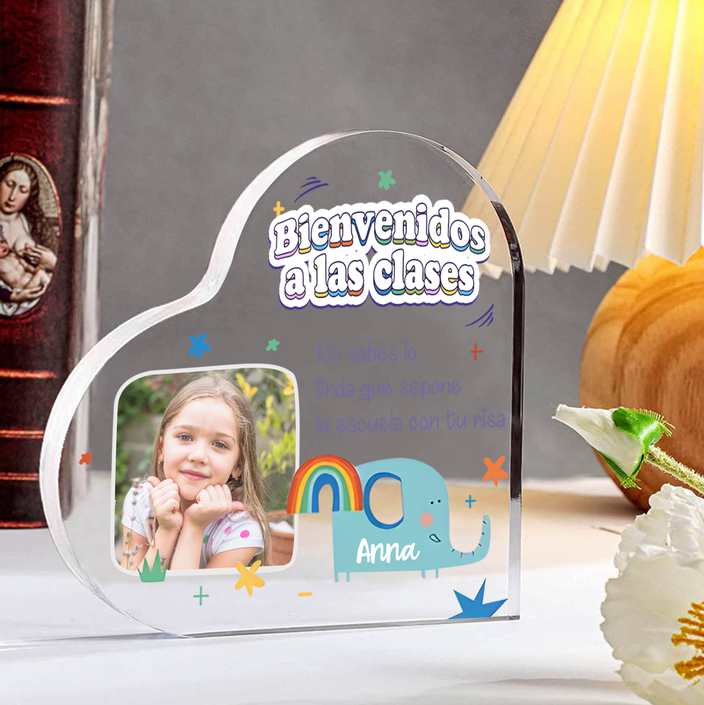 [Copy]Vuelta al cole-Placa de acrílico en forma de corazón con nombre y foto personalizados