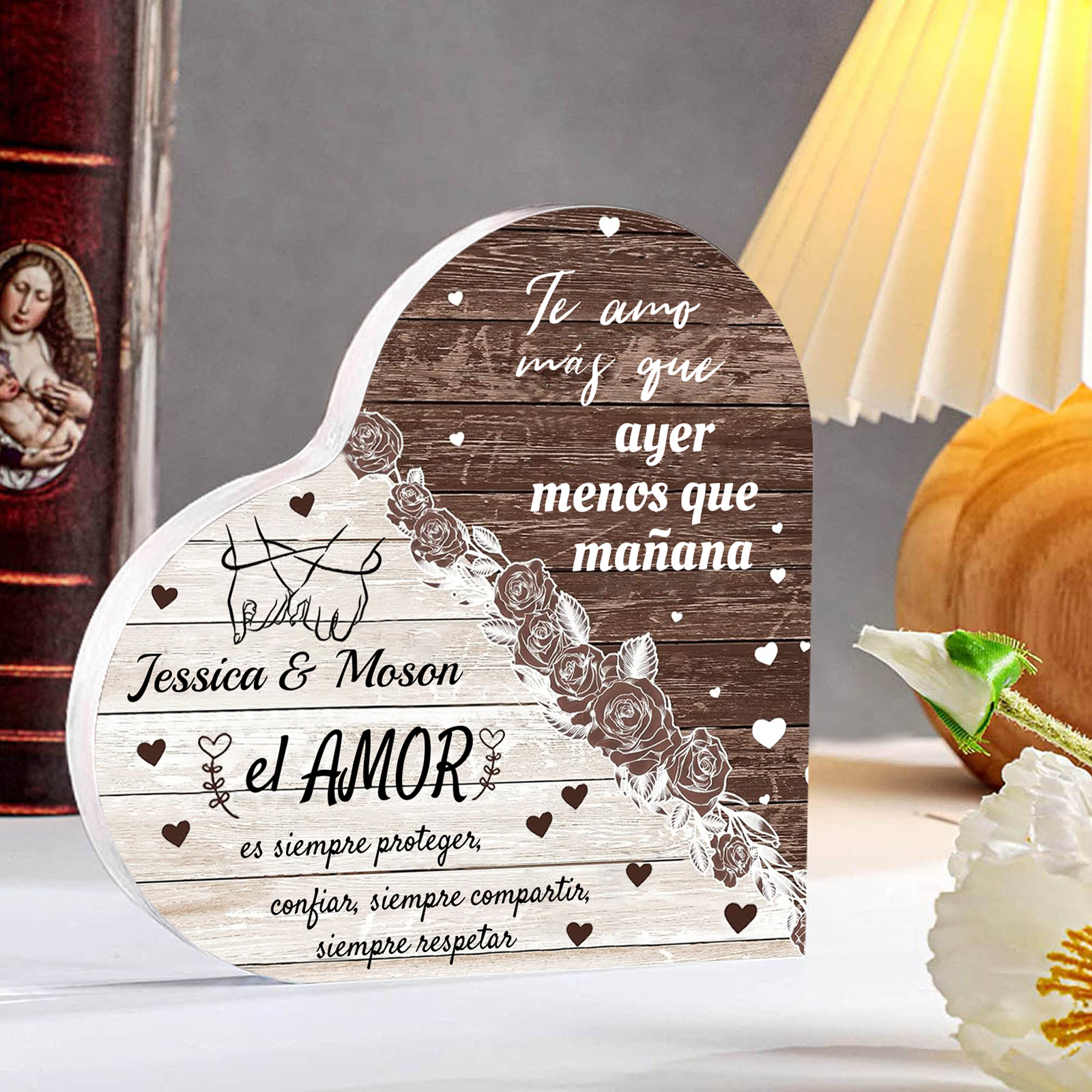 Placa de acrílico en forma de corazón de pareja con frase de amor con 2 nombres personalizados | Jessemade
