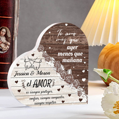 Placa de acrílico en forma de corazón de pareja con frase de amor con 2 nombres personalizados | Jessemade