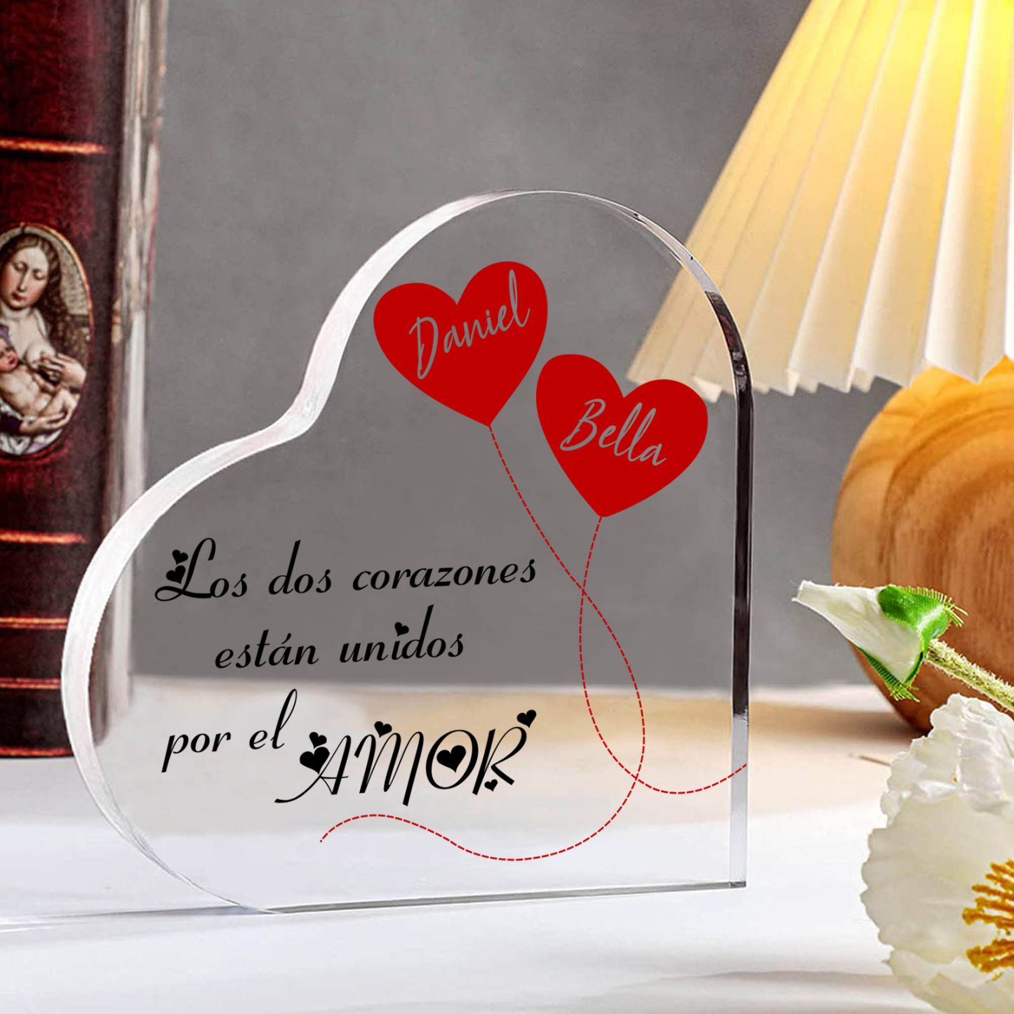 Placa de acrílico en forma de corazón de pareja con corazón 2 nombres personalizados | Jessemade