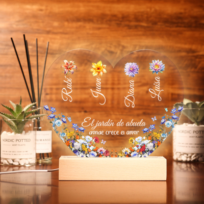 Abuela-Lámpara de corazón "el jardín de abuela" 1-8 nombres y flores de nacimiento personalizados | Jessemade
