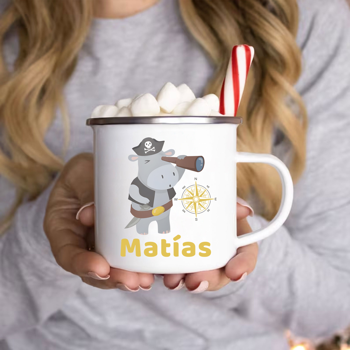 Vuelta al cole-Taza para niños "hipopótamo pirata" con 1 nombre personalizado