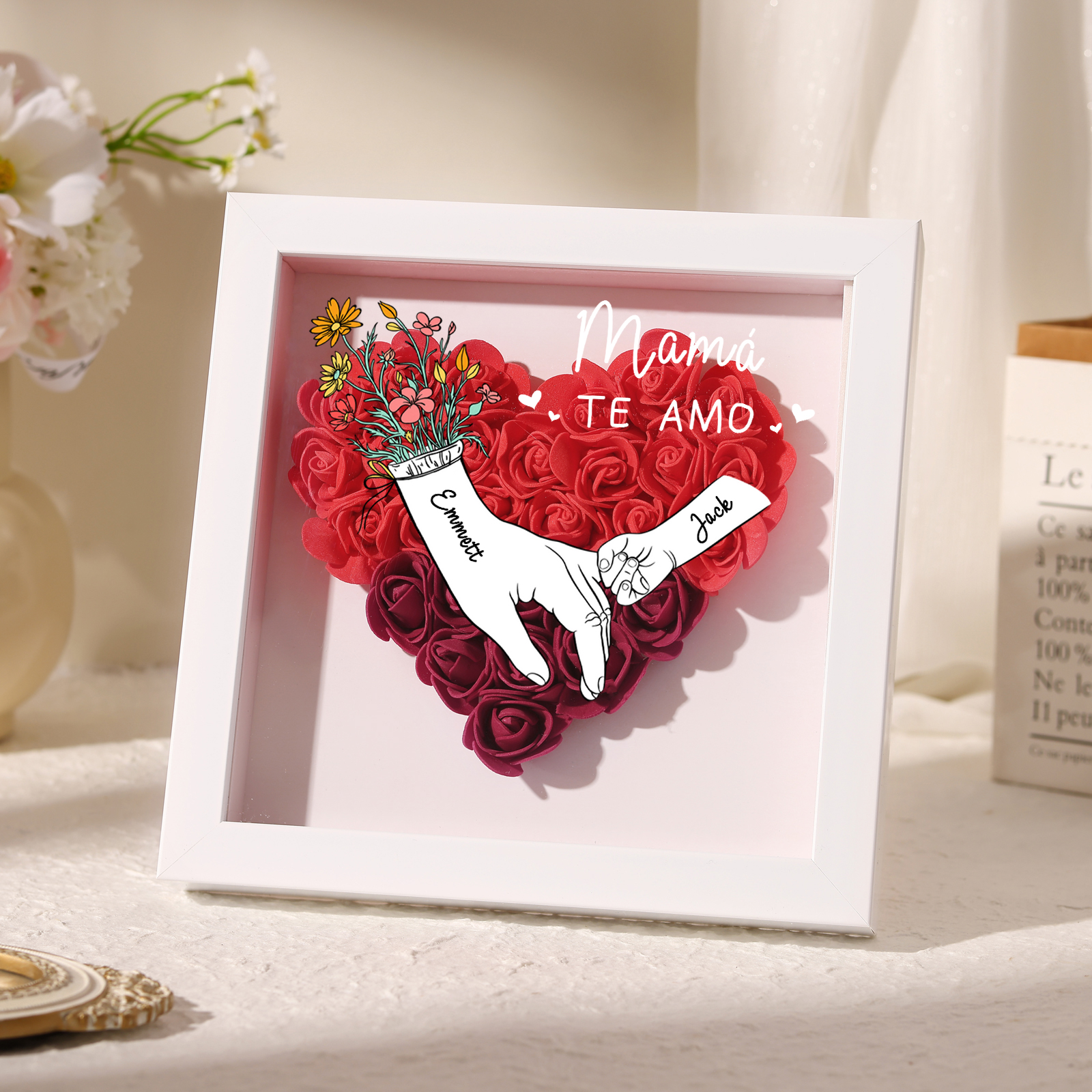 A mi mamá/abuela-Marco de flores de madera mano con mano personalizado con 2 nombres y 1 texto | Jessemade