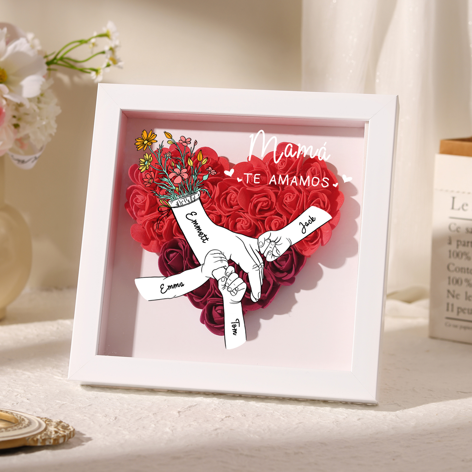 Marco de Flores Personalizado con Manos y 4 Nombres | Regalo para Mamá o Abuela | Jessemade