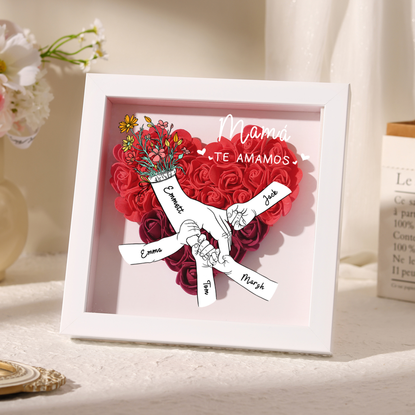 Marco de Flores Personalizado con Manos y 5 Nombres | Regalo para Mamá o Abuela | Jessemade