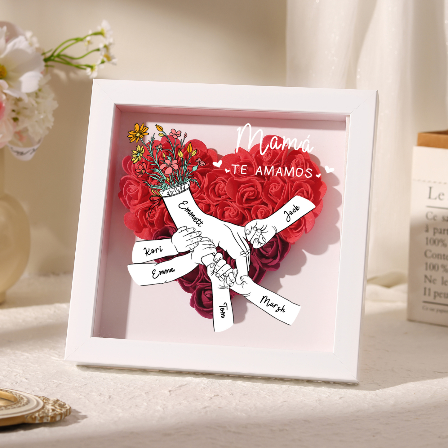 Marco de Flores Personalizado con Manos y 6 Nombres | Regalo para Mamá o Abuela | Jessemade