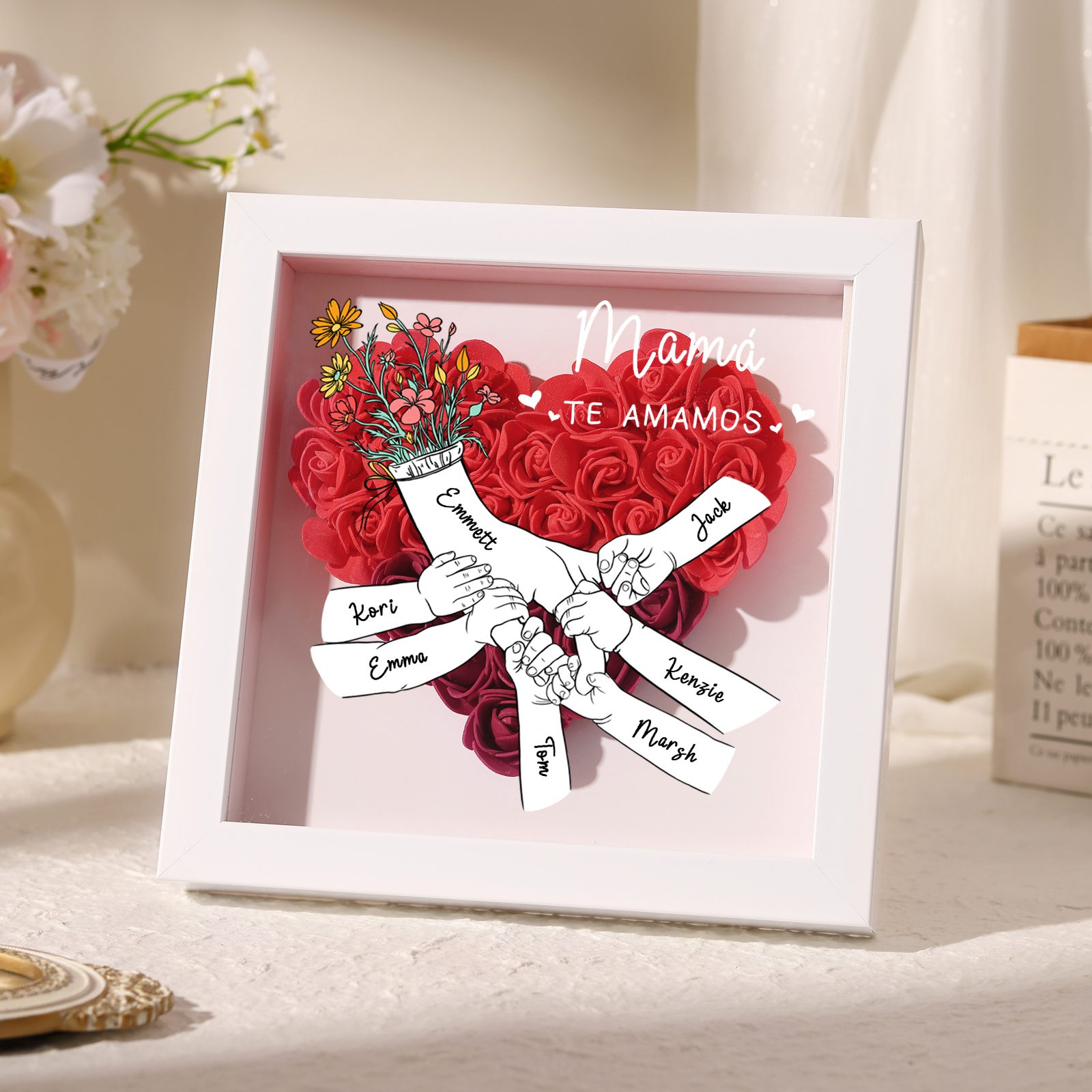 A mi mamá/abuela-Marco de flores de madera mano con mano personalizado con 7 nombres y 1 texto | Jessemade