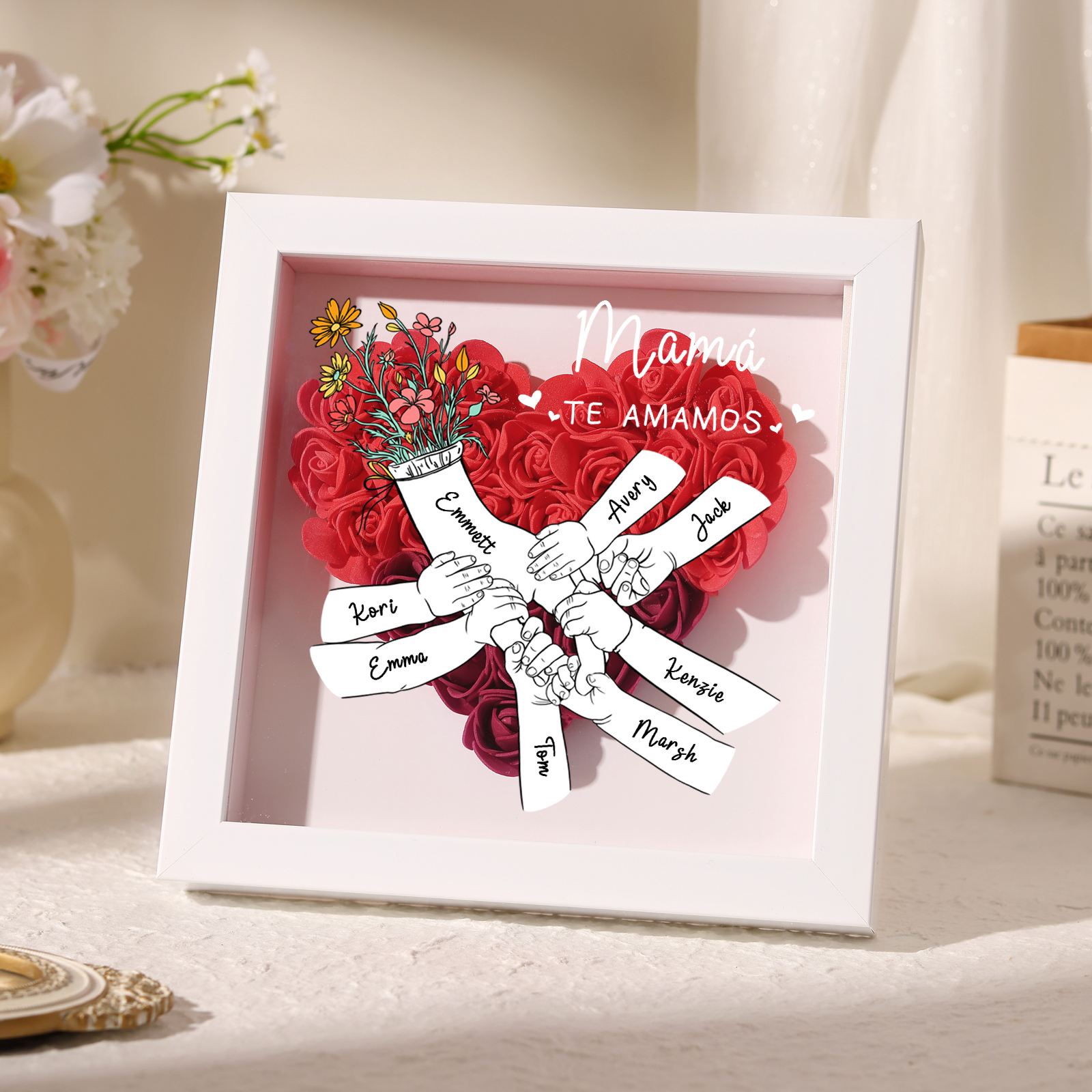 A mi mamá/abuela-Marco de flores de madera mano con mano personalizado con 8 nombres y 1 texto | Jessemade