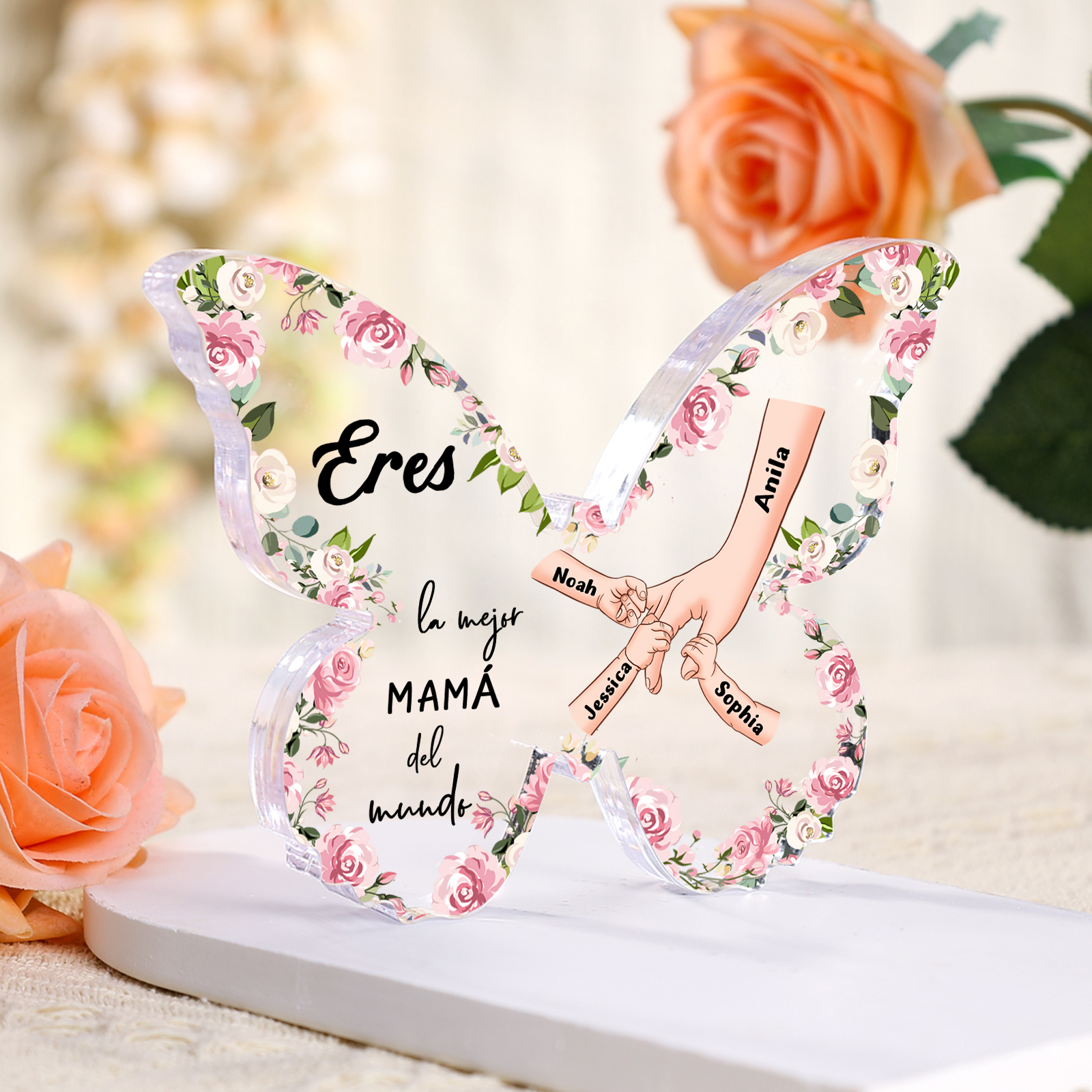 A mi mamá-Placa de acrílico en forma de mariposa mano con mano 4 nombres personalizados | Jessemade
