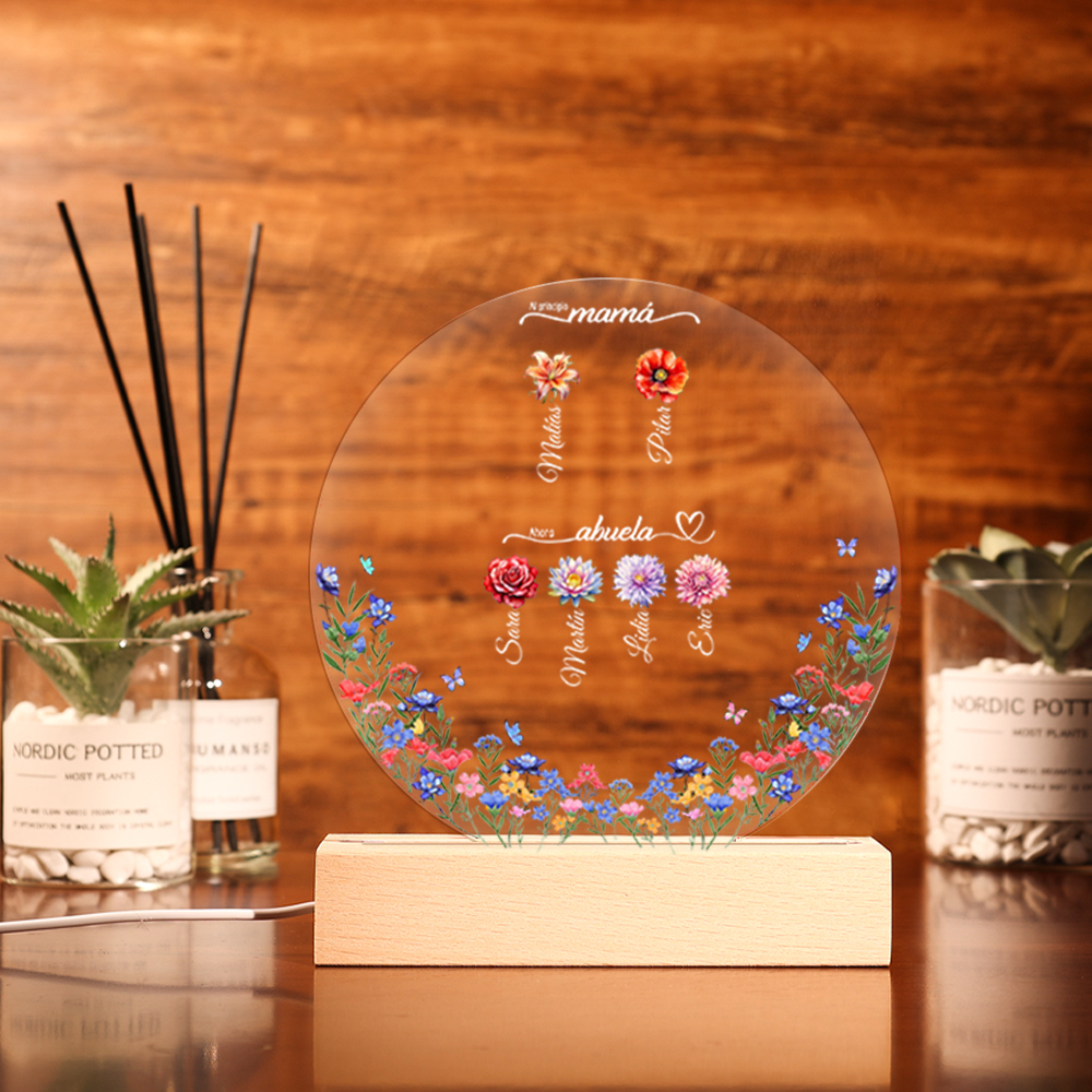 Abuela-Lámpara "al principio mamá, ahora abuela" 2-10 nombres y flores de nacimiento personalizados | Jessemade
