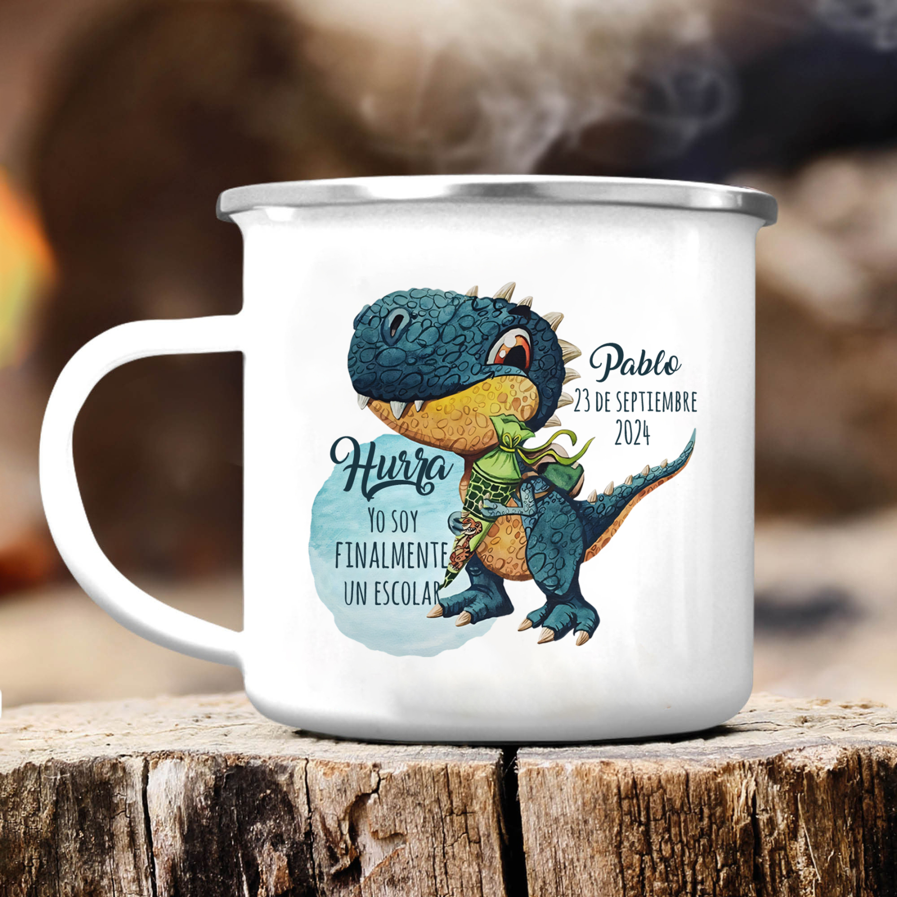 Vuelta al cole-Taza para niños "dinosaurio" con 1 nombre, fecha y año personalizados