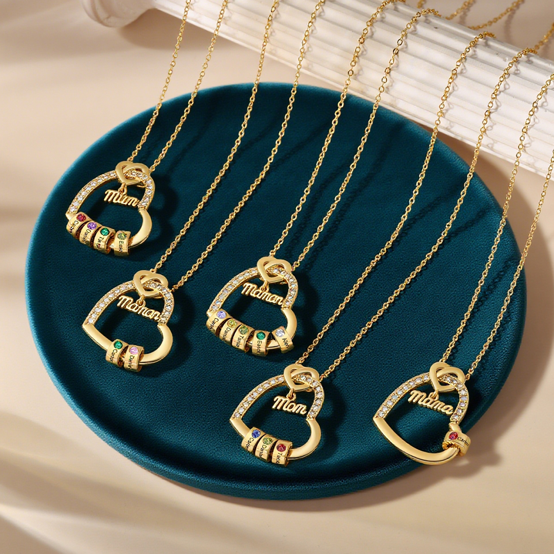 Collar en forma de corazón 1-5 nombres y piedras de nacimiento personalizados con colgante de "MAMÁ" color oro | Jessemade