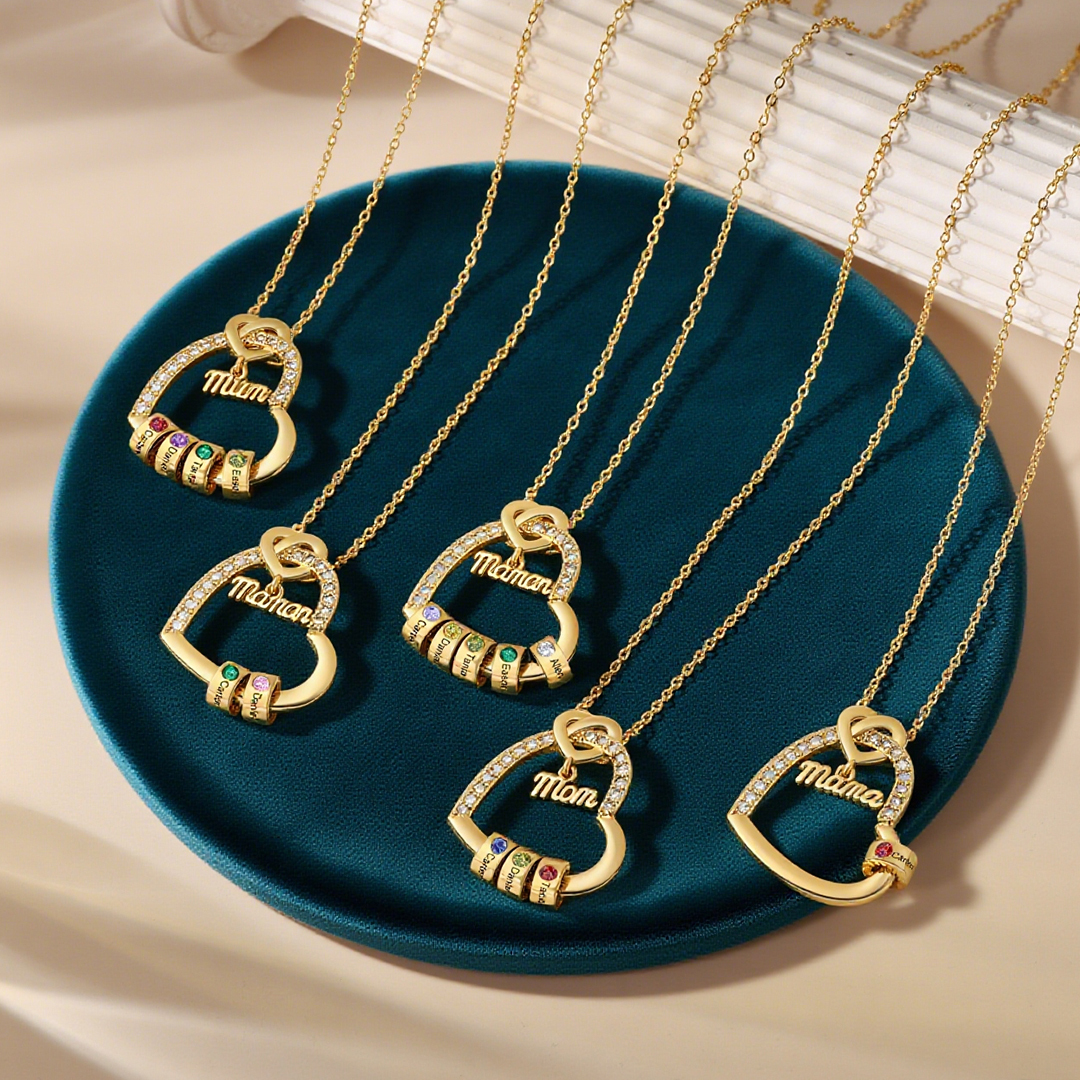 Collar en forma de corazón 1-5 nombres y piedras de nacimiento personalizados con colgante de "MAMÁ" color oro | Jessemade