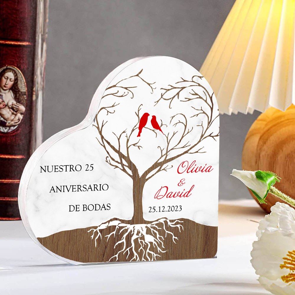 Navidad-Placa de acrílico en forma de corazón aniversario de bodas con número, fecha y nombres personalizados-Jessemade ES