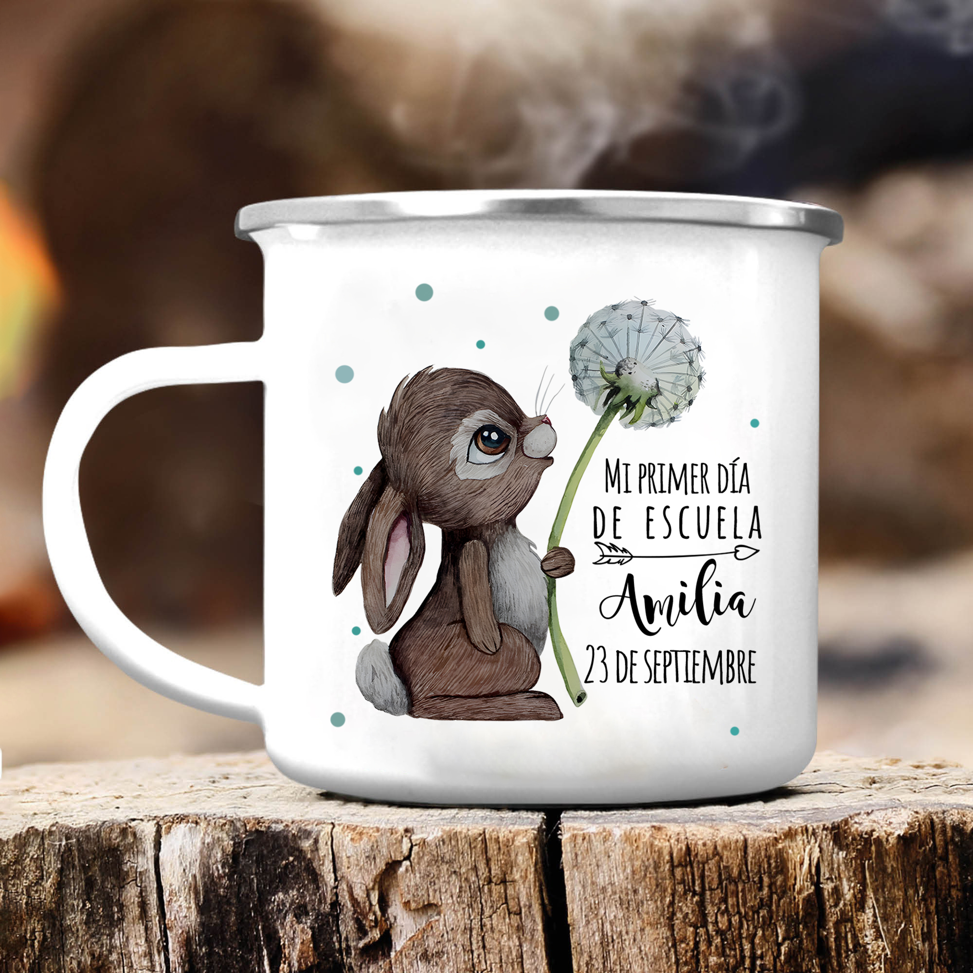 Vuelta al cole-Taza para niños "conejita" con 1 nombre y fecha personalizados
