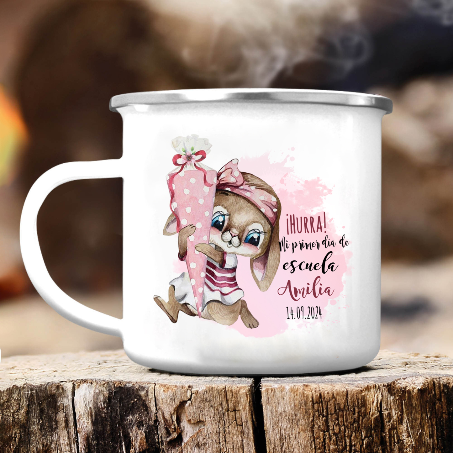 Vuelta al cole-Taza para niños "conejita" con 1 nombre y fecha personalizados