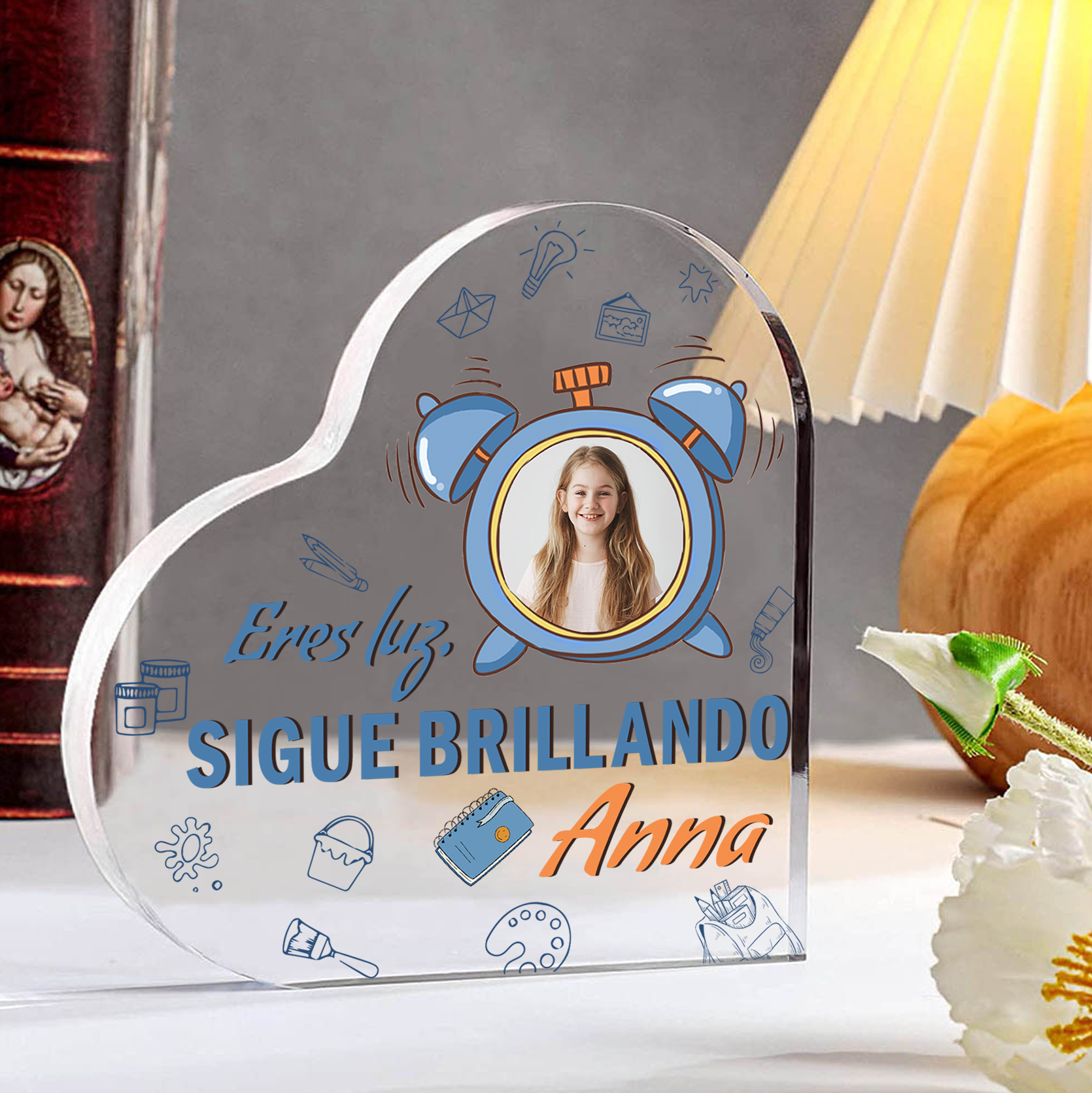 Vuelta al cole-Placa de acrílico en forma de corazón con nombre y foto personalizados