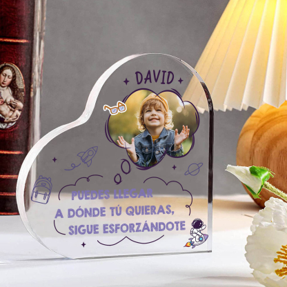Vuelta al cole-Placa de acrílico en forma de corazón con nombre y foto personalizados