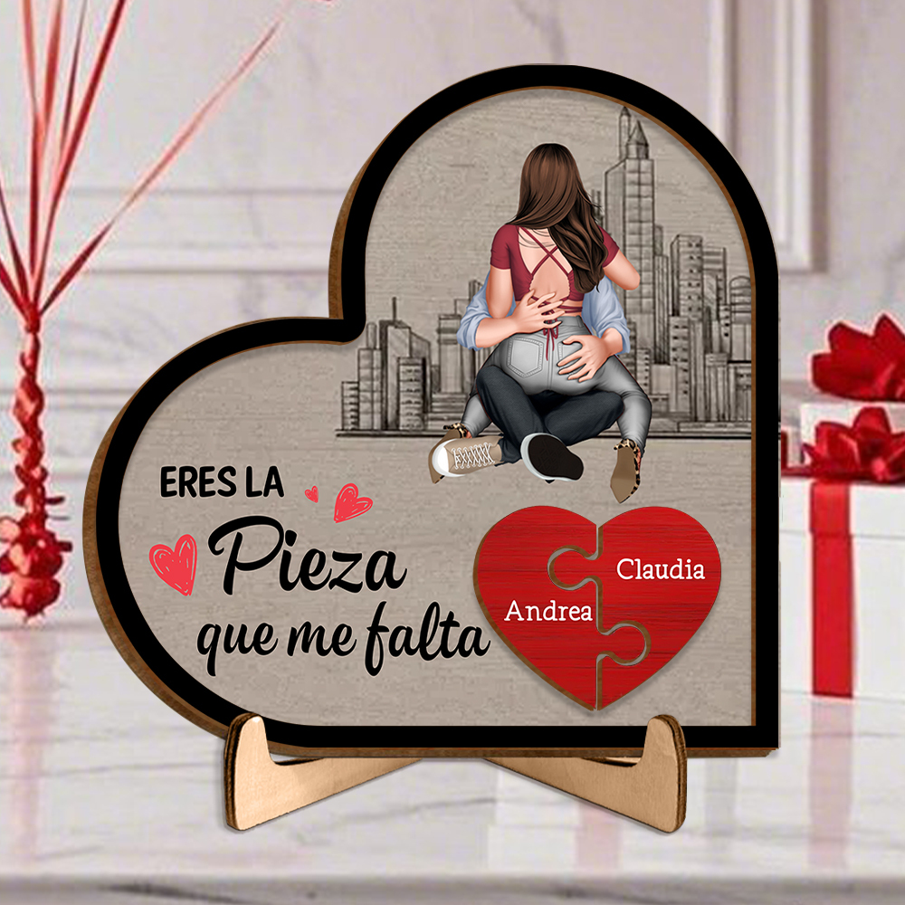 Placa de rompecabezas de madera con forma de corazón con soporte para parejas, "Eres la pieza que me falta"
