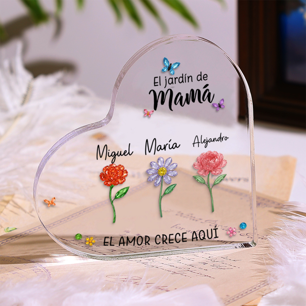 Placa acrílica personalizada familiar – El jardín de mamá o de la abuela con flores de nacimiento y nombres de los niños