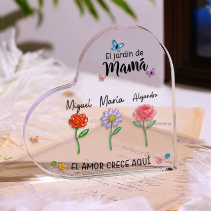 Placa acrílica personalizada familiar – El jardín de mamá o de la abuela con flores de nacimiento y nombres de los niños