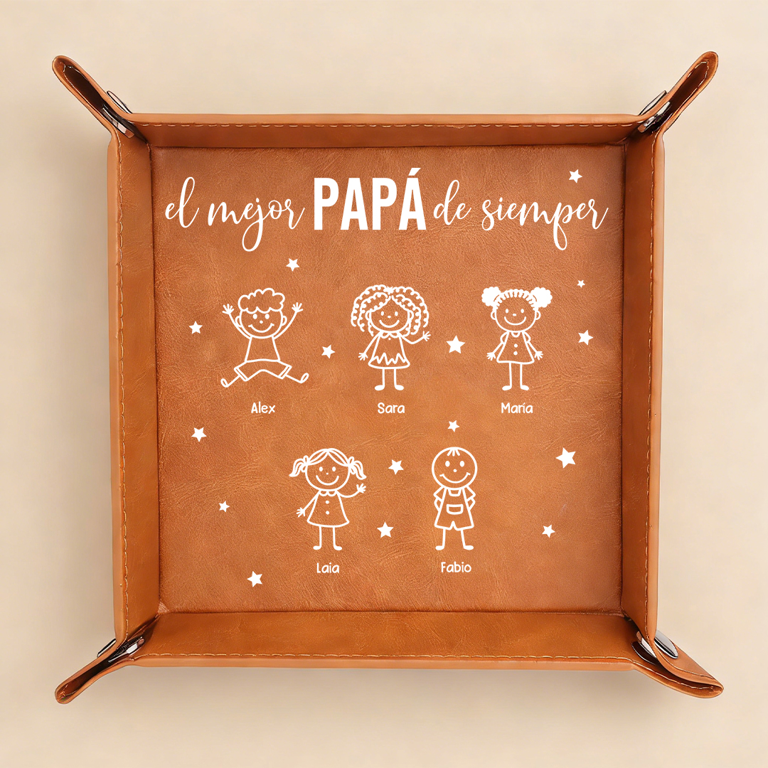 Bandeja vaciabolsillos de cuero personalizada, personalizada con 1 a 10 nombres de hijos, para el mejor padre/abuelo del mundo