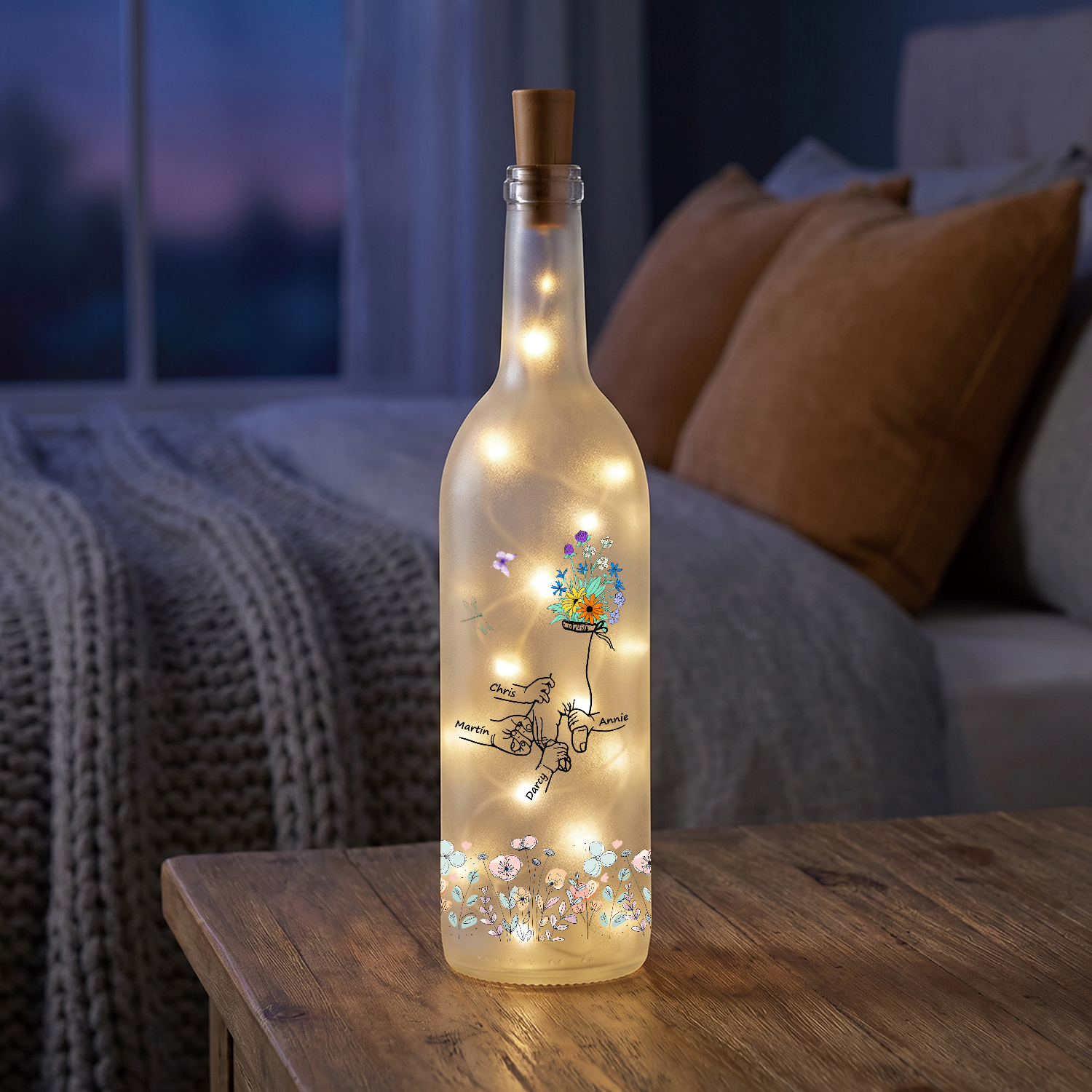 Botella de lámpara personalizada con 2–12 nombres a elegir y motivo familiar de manos y flores, regalo para mamá