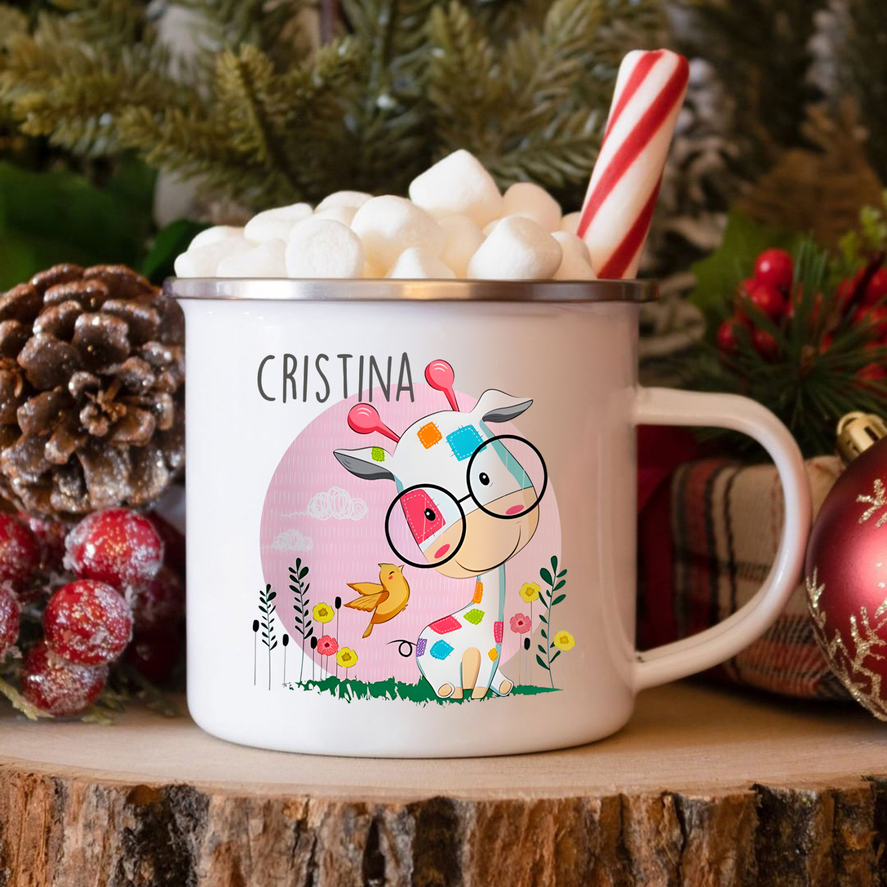 Vuelta al cole-Taza para niños "girafa con gafas" con 1 nombre personalizado