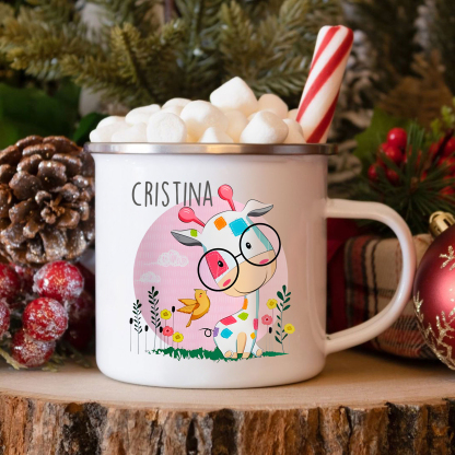 Vuelta al cole-Taza para niños "girafa con gafas" con 1 nombre personalizado