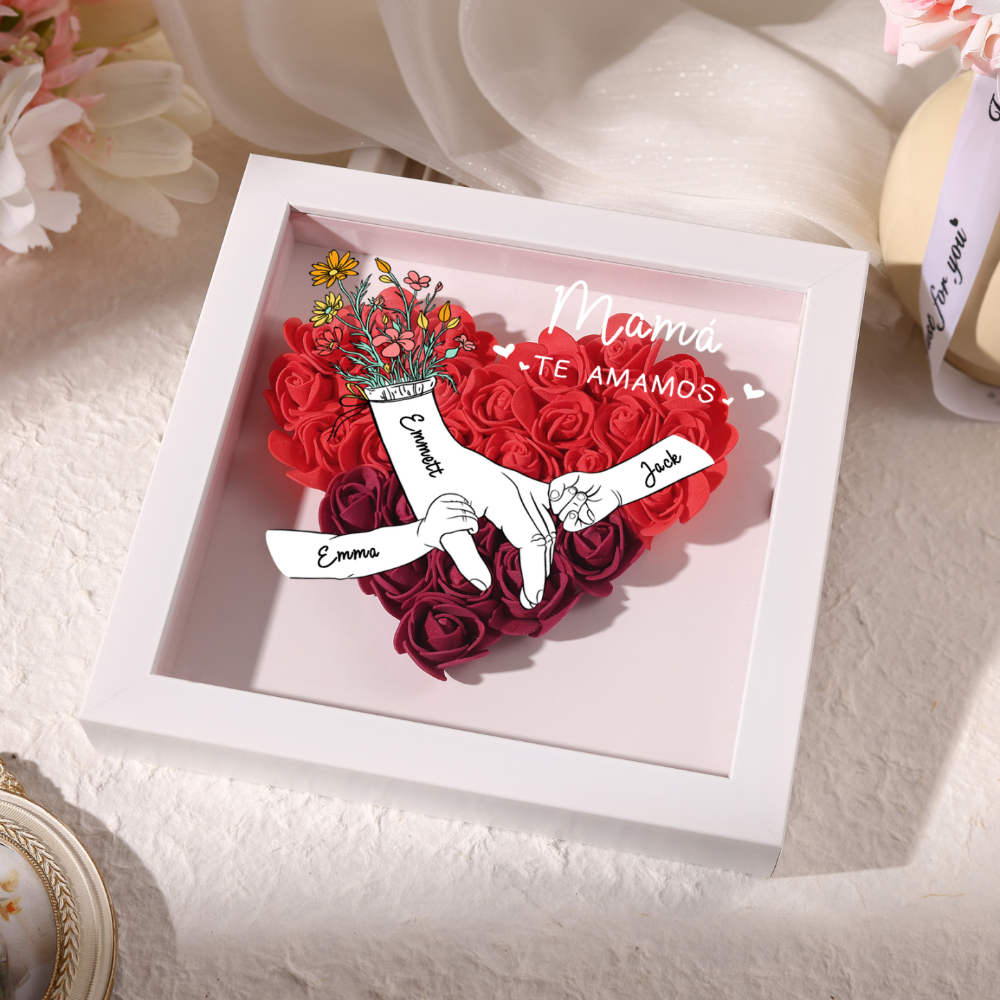 A mi mamá/abuela-Marco de flores de madera mano con mano personalizado con 3 nombres y 1 texto | Jessemade