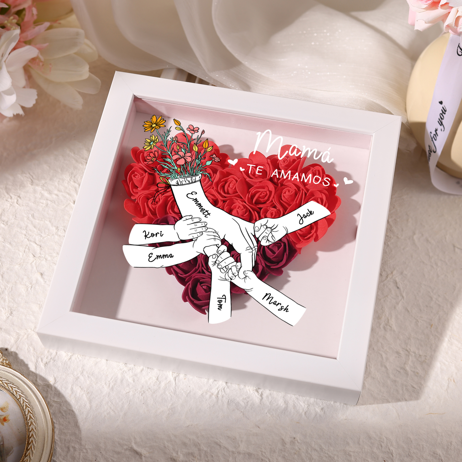 A mi mamá/abuela-Marco de flores de madera mano con mano personalizado con 6 nombres y 1 texto | Jessemade