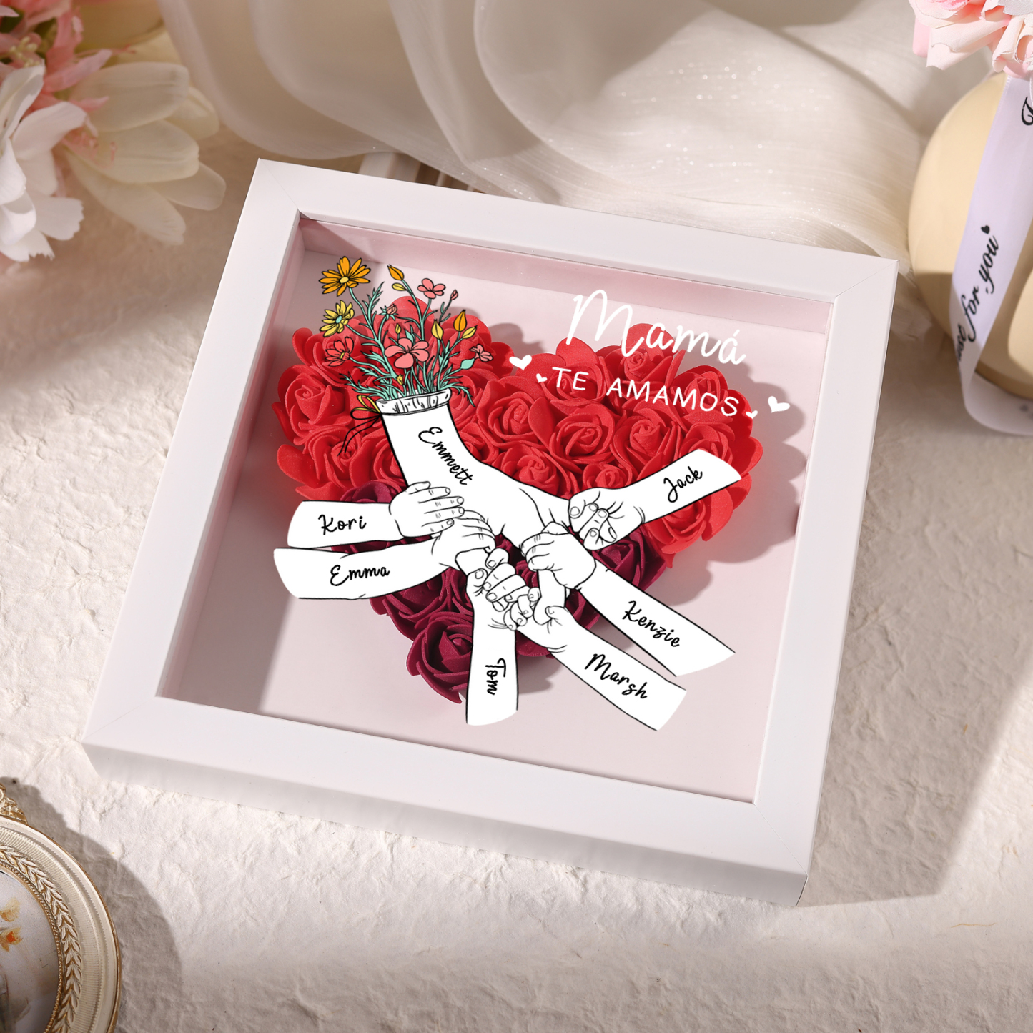 A mi mamá/abuela-Marco de flores de madera mano con mano personalizado con 7 nombres y 1 texto | Jessemade