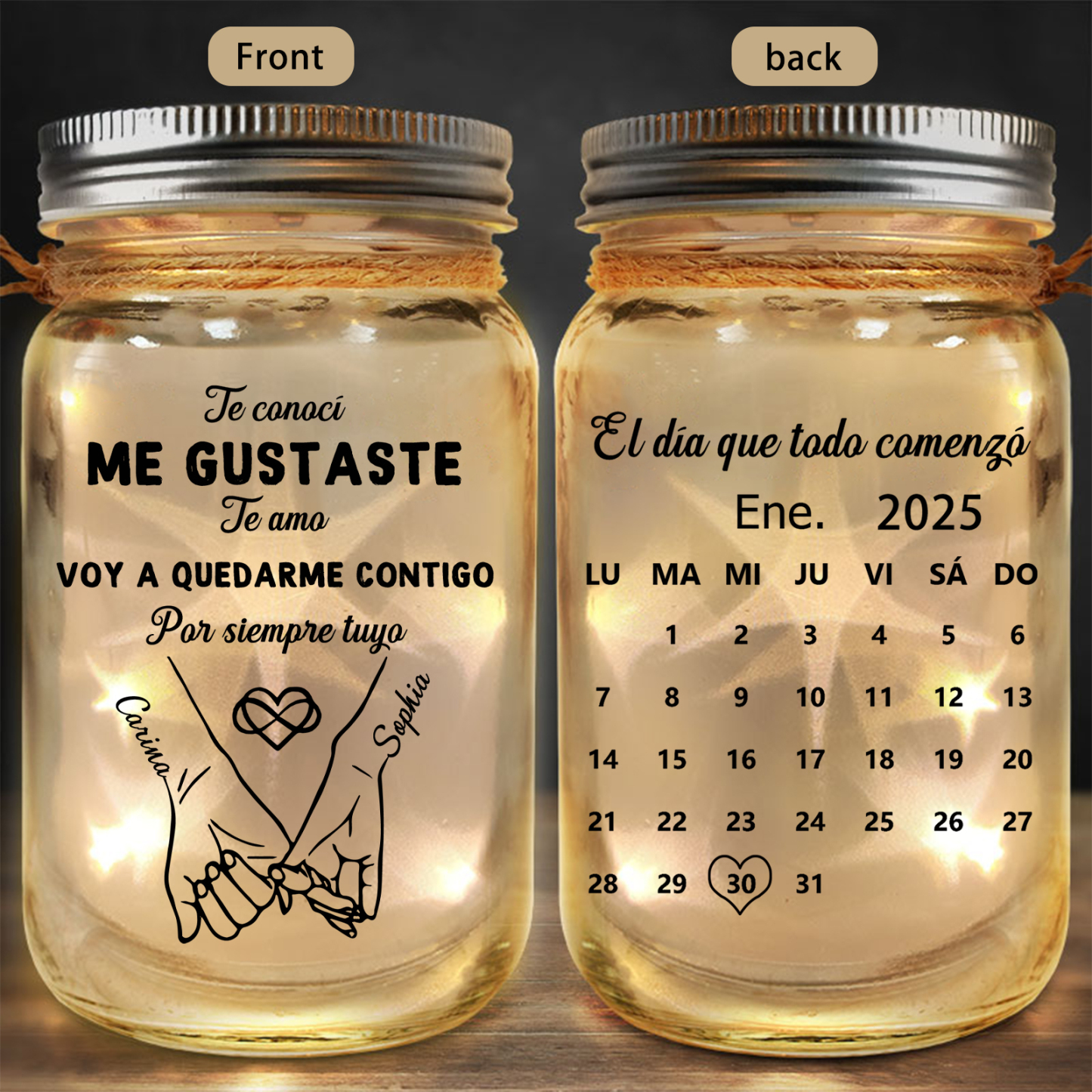 Tarro tipo Mason con luces de hadas personalizado para pareja con promesa con el meñique