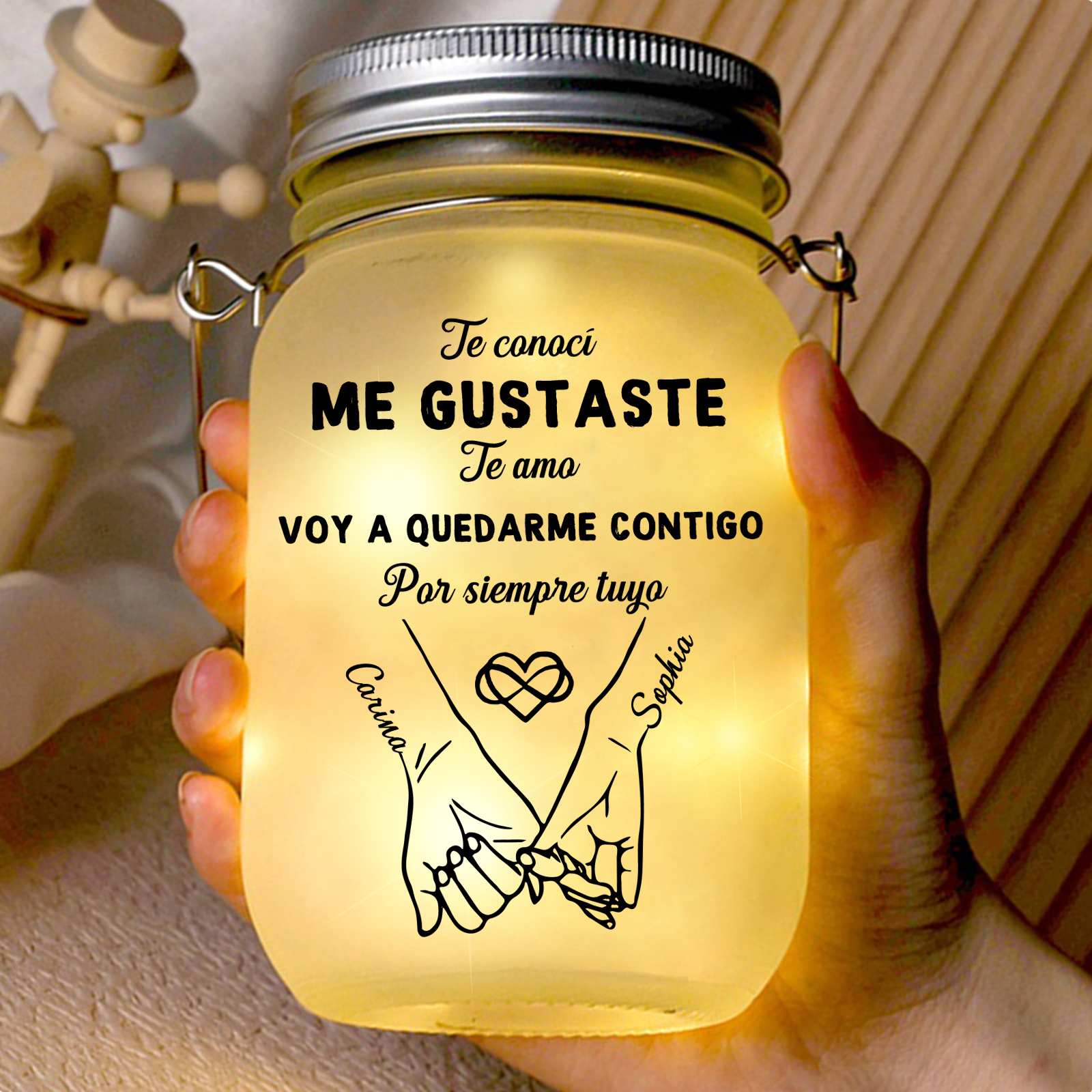 Tarro tipo Mason con luces de hadas personalizado para pareja con promesa con el meñique