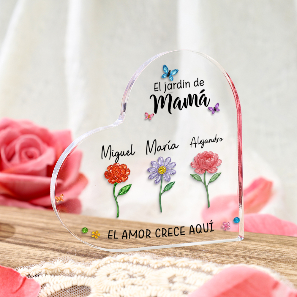 Placa acrílica personalizada familiar – El jardín de mamá o de la abuela con flores de nacimiento y nombres de los niños