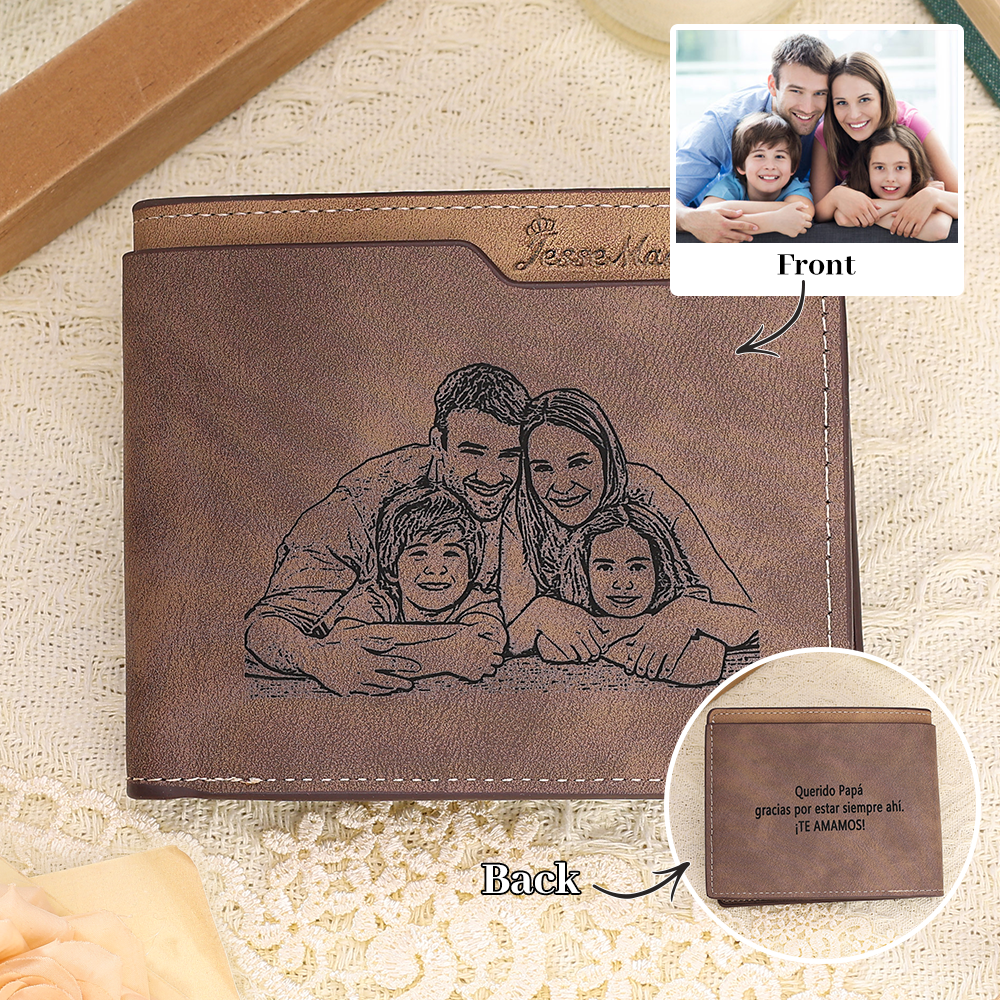 Cartera, billetera personalizada para hombre con 1 foto y 3 textos en el reverso, monedero clásico | Jessemade