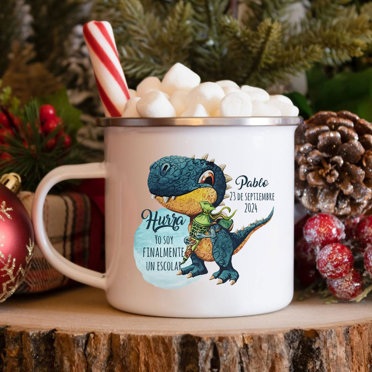 Vuelta al cole-Taza para niños "dinosaurio" con 1 nombre, fecha y año personalizados