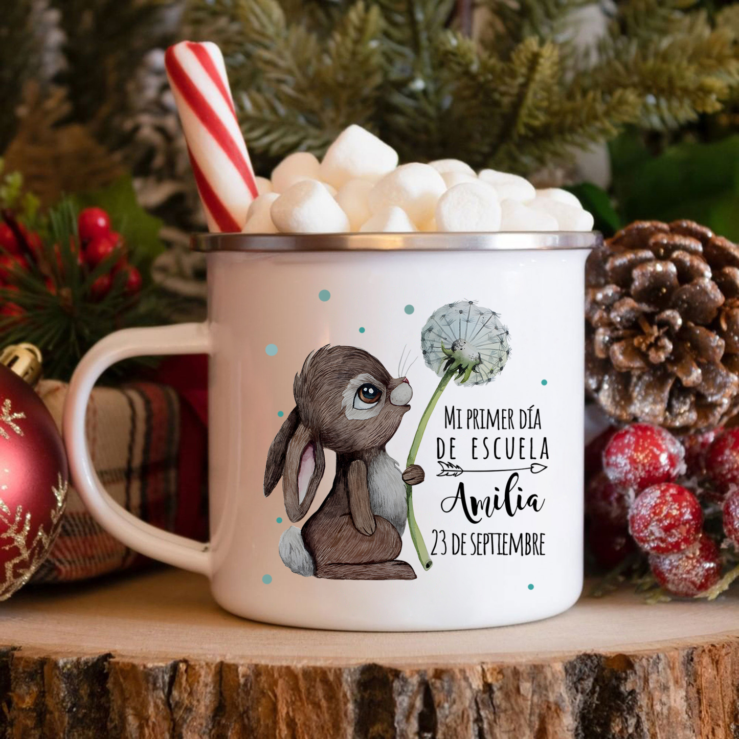 Vuelta al cole-Taza para niños "conejita" con 1 nombre y fecha personalizados