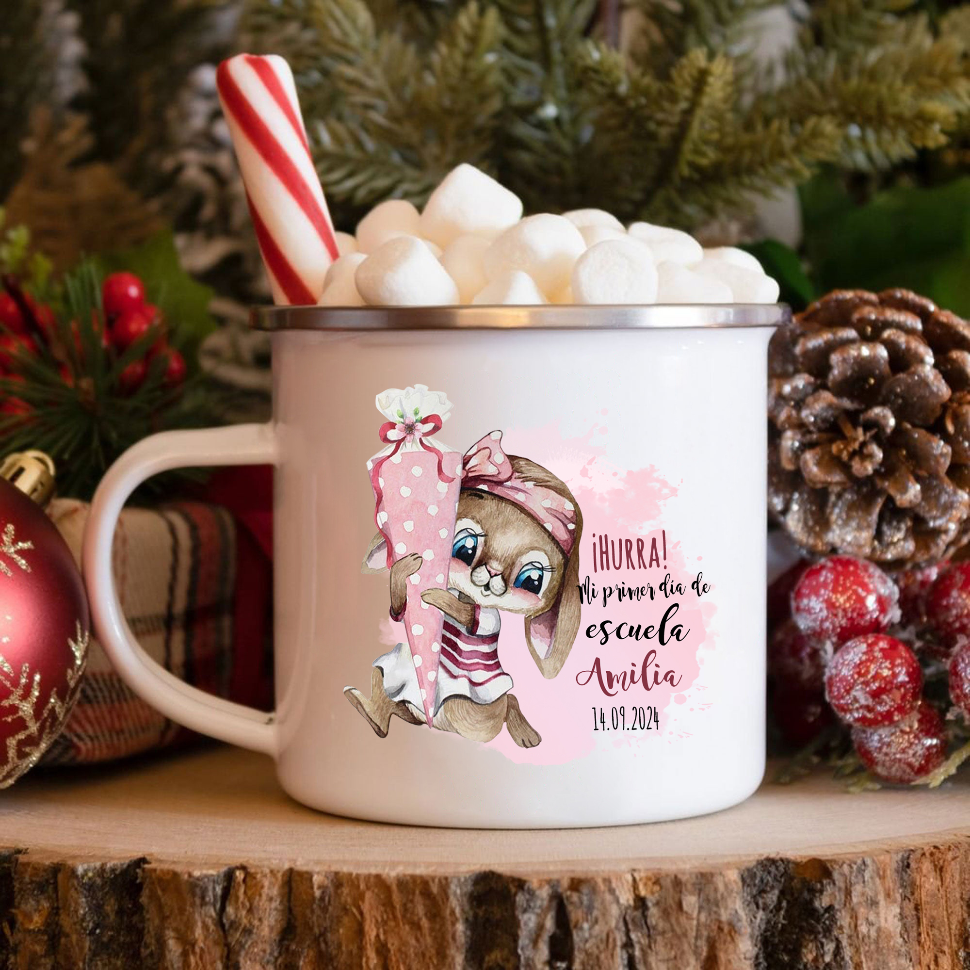 Vuelta al cole-Taza para niños "conejita" con 1 nombre y fecha personalizados