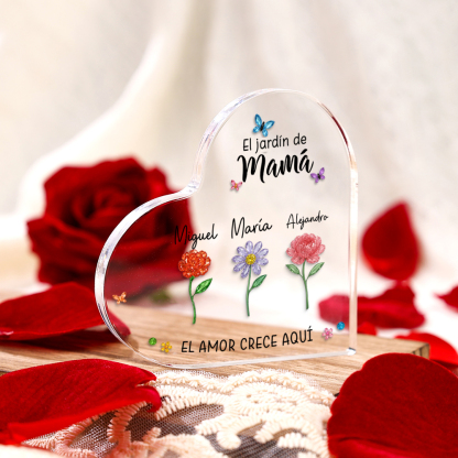 Placa acrílica personalizada familiar – El jardín de mamá o de la abuela con flores de nacimiento y nombres de los niños