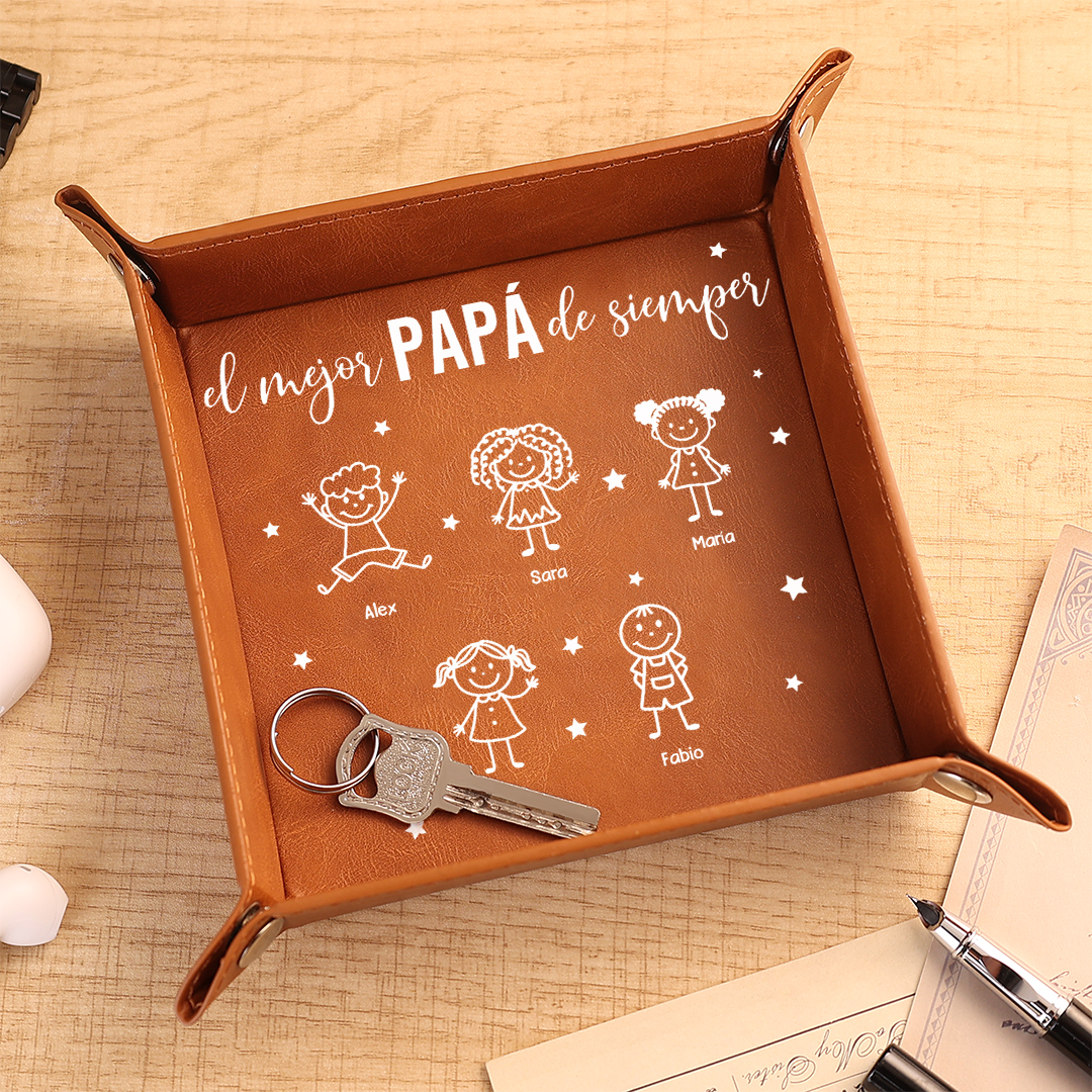 Bandeja vaciabolsillos de cuero personalizada, personalizada con 1 a 10 nombres de hijos, para el mejor padre/abuelo del mundo