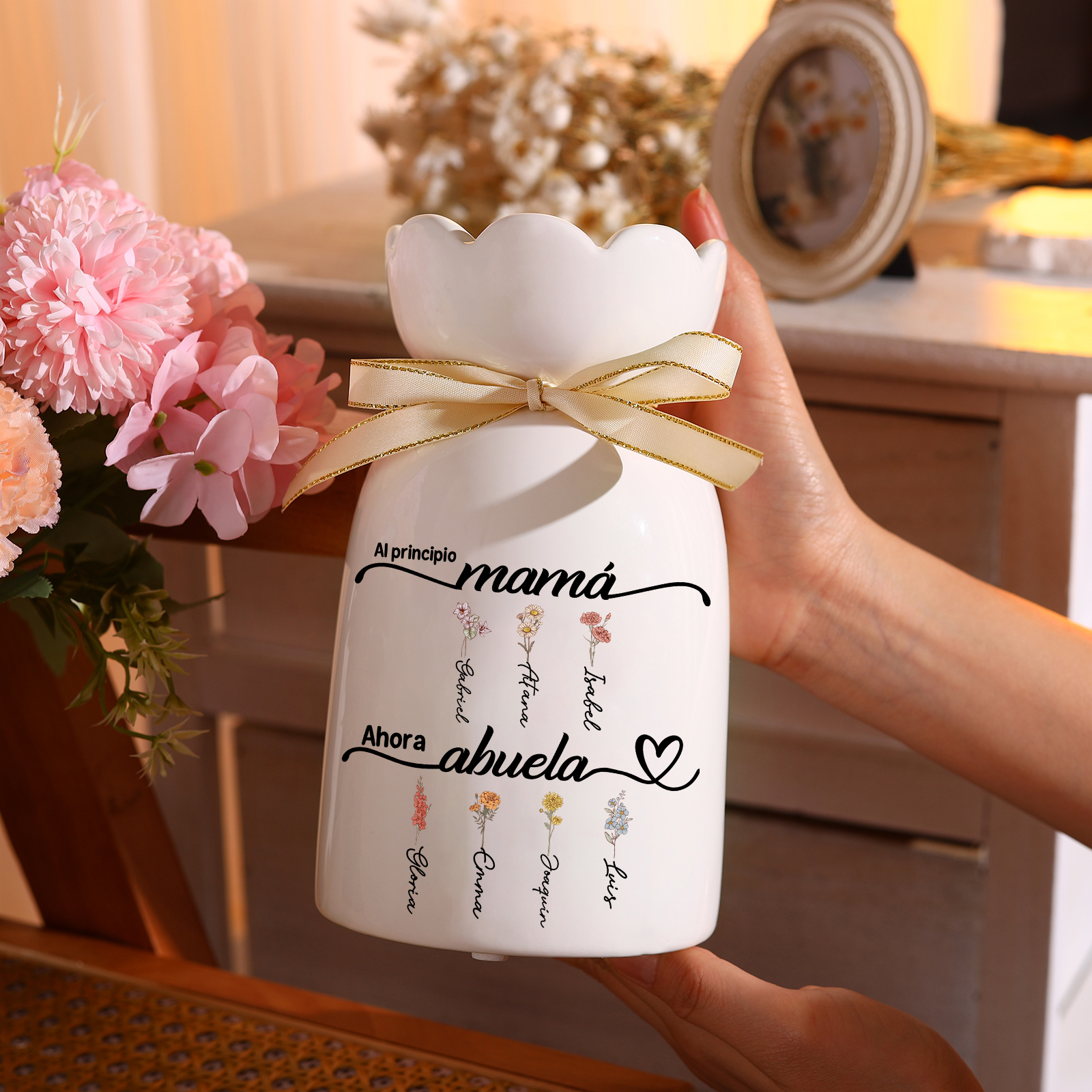 A mi abuela-Florero de cerámica con lazo 2-12 nombres y flores de nacimiento personalizados | Jessemade