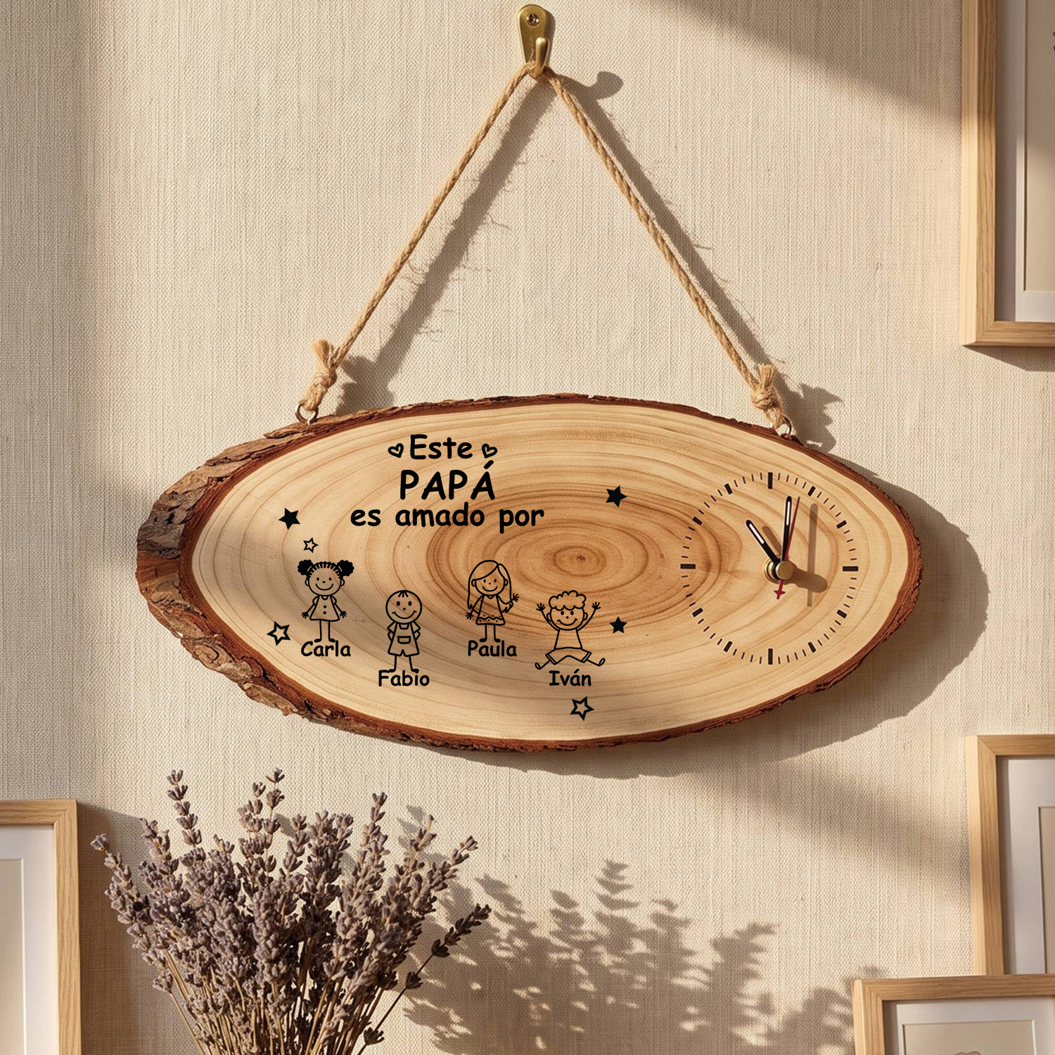Reloj Personalizado de Madera con 1-10 Nombres y Figuras Infantiles, Regalo para Papá o Abuelo
