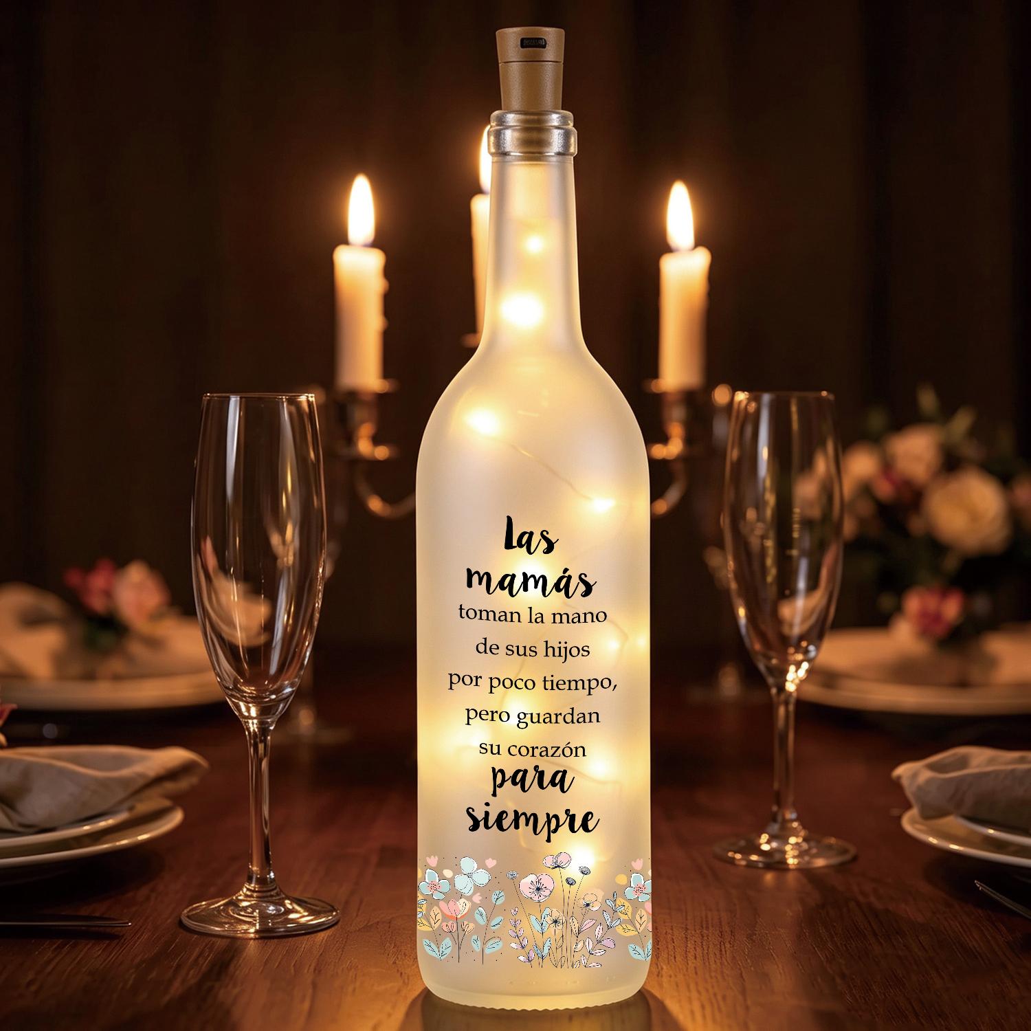 Botella de lámpara personalizada con 2–12 nombres a elegir y motivo familiar de manos y flores, regalo para mamá