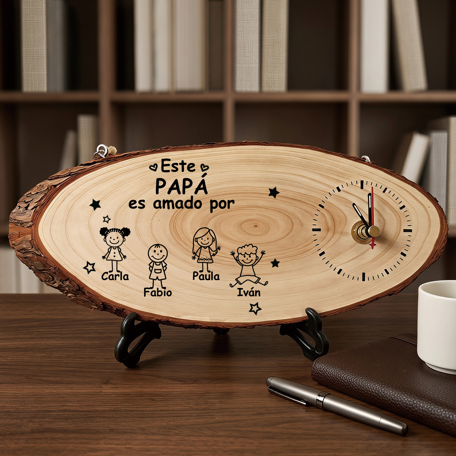 Reloj Personalizado de Madera con 1-10 Nombres y Figuras Infantiles, Regalo para Papá o Abuelo