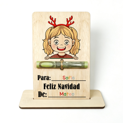 Tarjeta de madera personalizada para dinero de Navidad con 2 nombres – tarjeta regalo en efectivo para niño