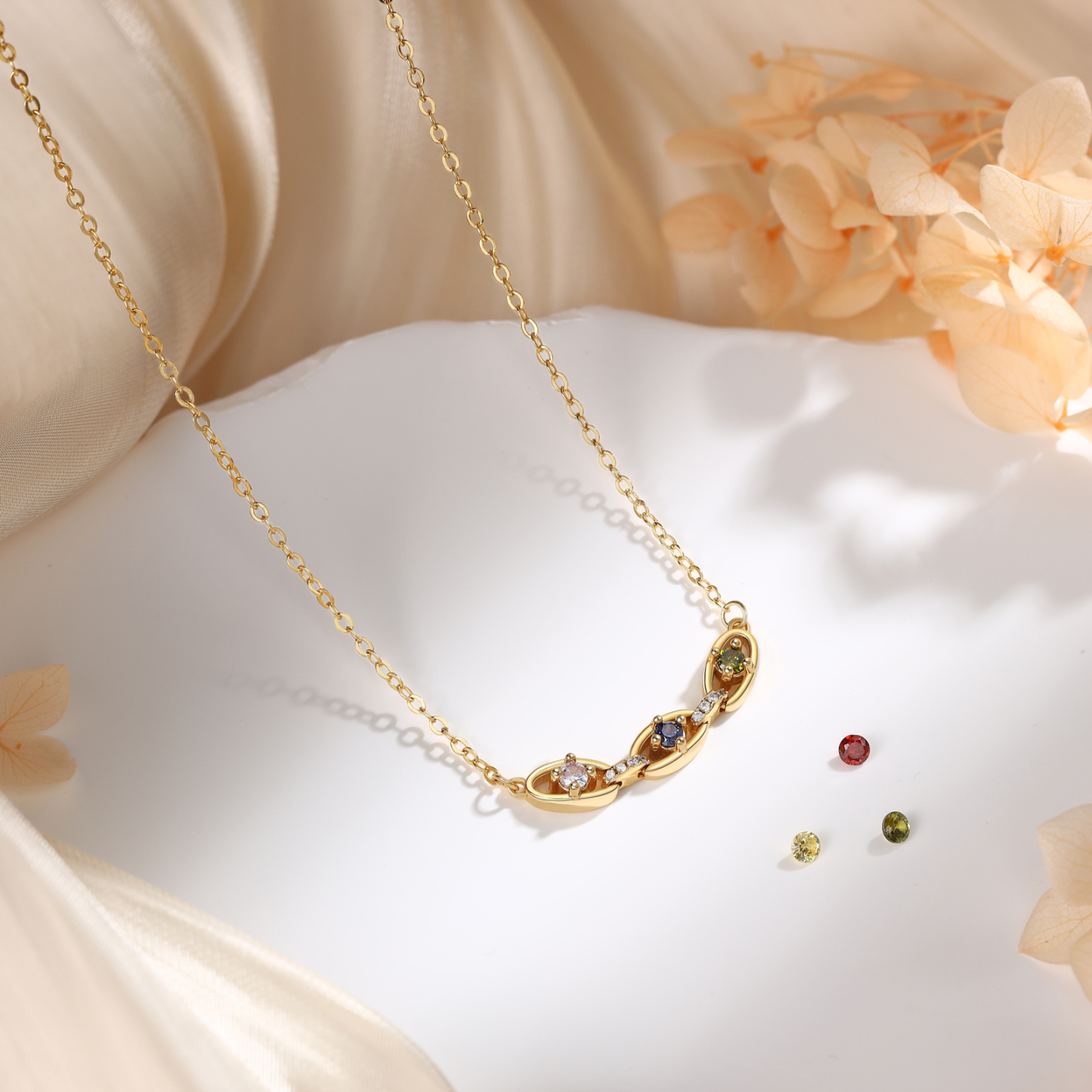 Collar de cadena de oro con 2-5 piedras de nacimiento personalizadas para mujer