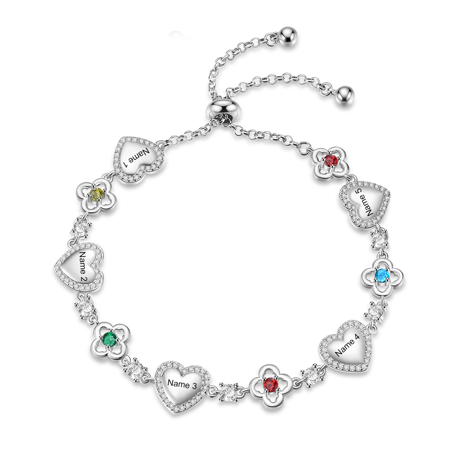 Pulsera personalizada de piedras de nacimiento con corazón y flores, personalizada con 2–5 nombres y piedras